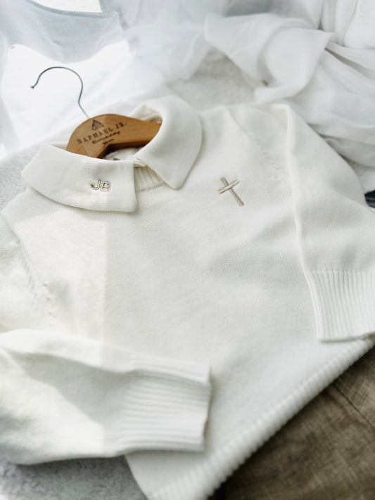 Baptism outfit with cotton onesie and jumper and linen pants