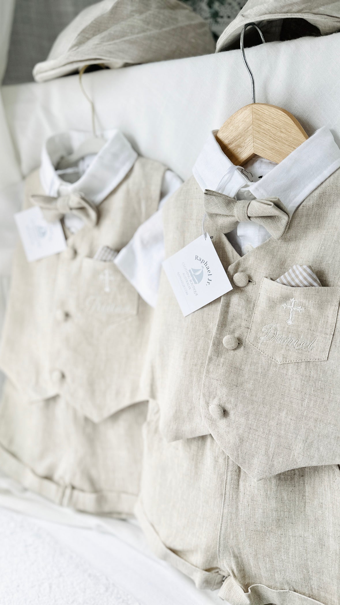 Beige Linen Shorts Shirt Suspenders and Vest set with Optional Cap Jacket and Embroidery