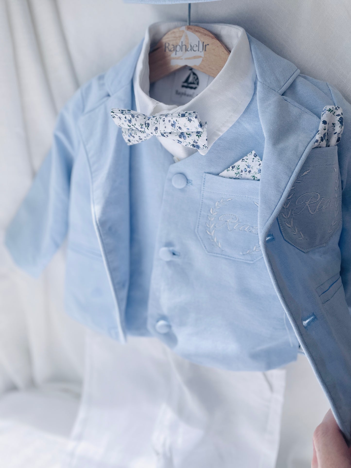 Boys pale blue and white Baptism outfit with blue vest, white linen suspender pants and shirt