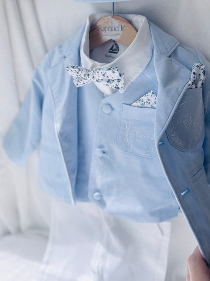 Baby and toddler boys pale blue chambray suit with blue vest, pants and jacket