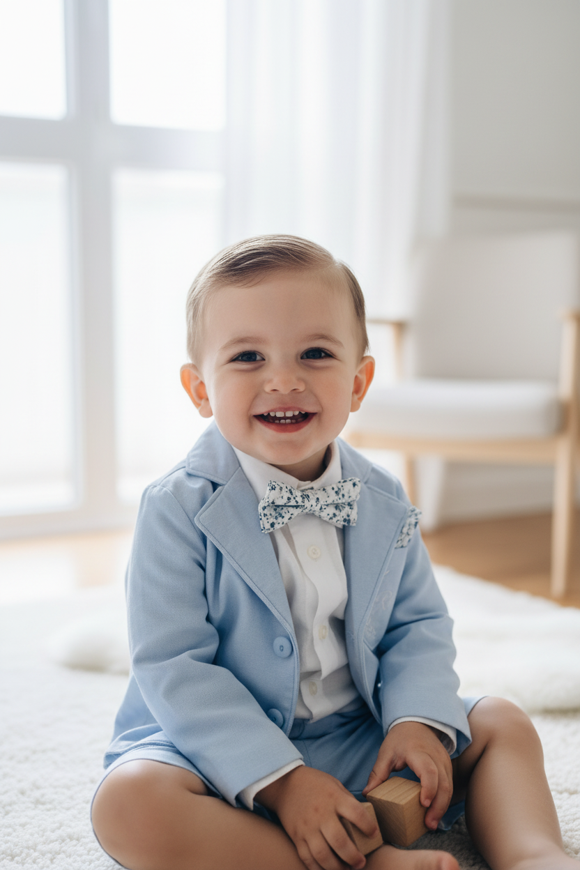 Pale blue summer vest set with blue vest, suspender shorts white shirt and bowtie