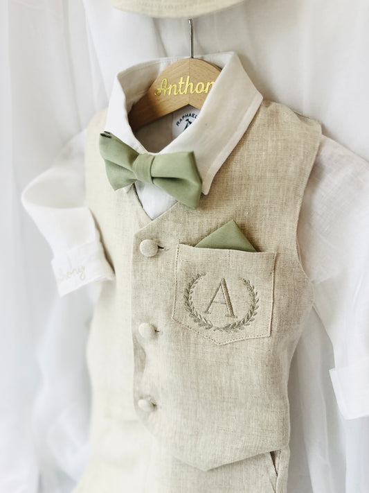 Beige Linen vest suit, shirt, pants, suspenders and bowtie plus optional jacket, cap and shoes