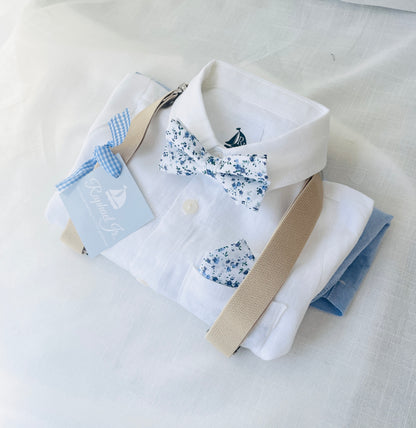Blue chambray set with blue pants, white linen shirt, white, blue or beige suspenders and blue bow tie