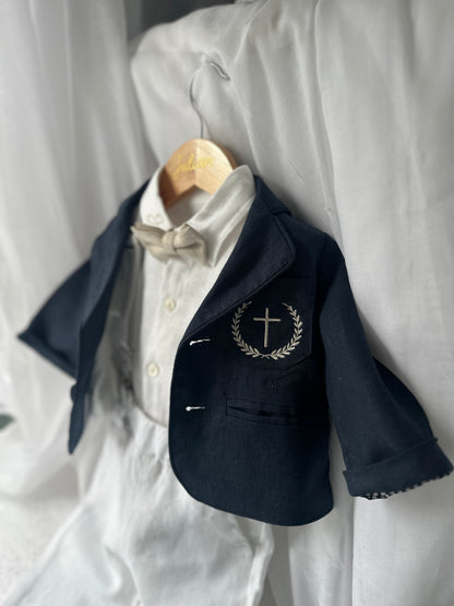 Navy blue and white linen boys formal baptism or wedding suit
