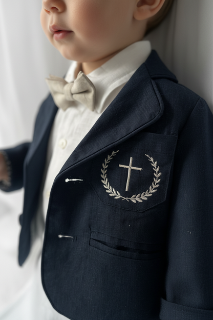Navy blue and white linen boys formal baptism or wedding suit