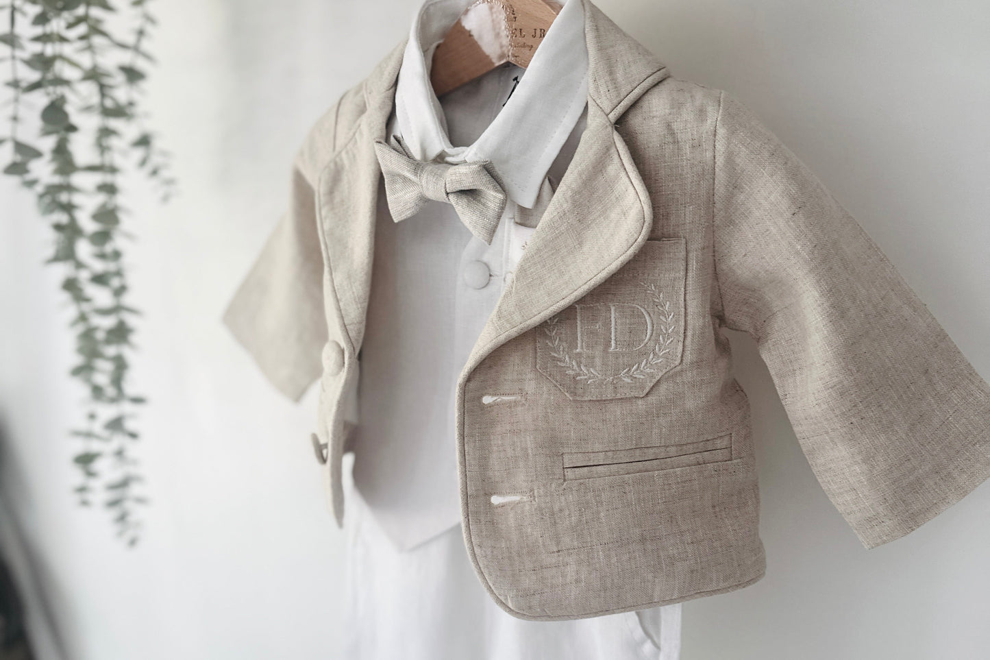 Boys white and beige linen Baptism and Wedding Outfit with vest, shirt, shorts, suspenders and bow tie