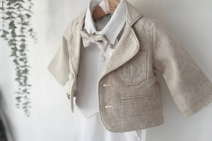 Boys white and beige linen Baptism and Wedding Outfit with vest, shirt, shorts, suspenders and bow tie