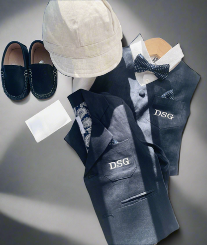 Navy blue linen suit with vest, pants, shirt, suspenders and bow tie plus optional jacket, embroidery, shoes and cap