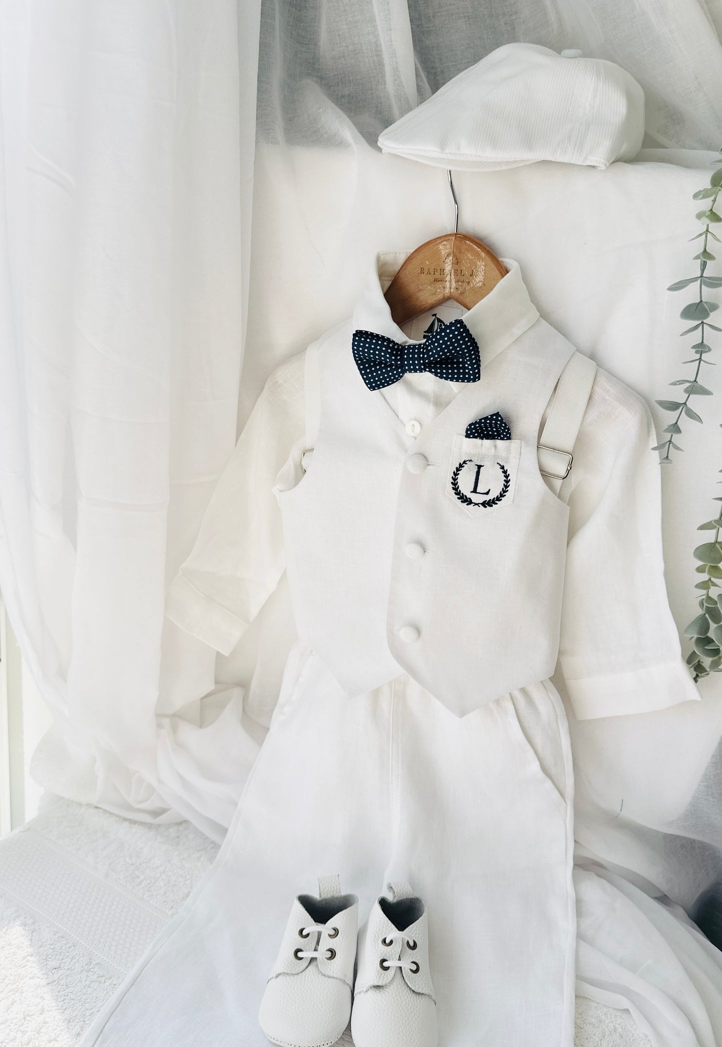 Boys white vest with white linen suit and navy jacket set