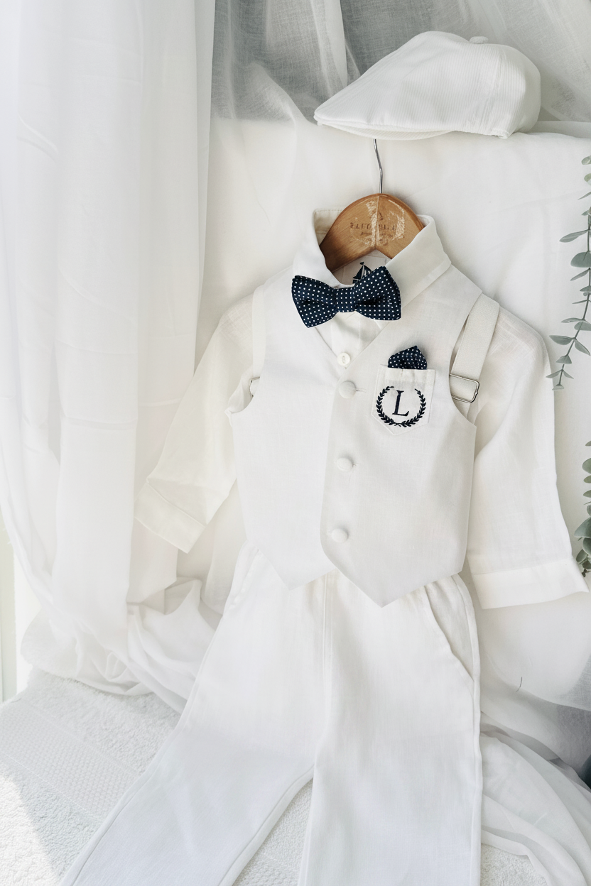 Boys white vest with white linen suit and navy jacket set