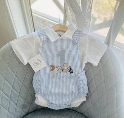 Baby and Toddler boys blue and white linen baptism and birthday romper and shirt set