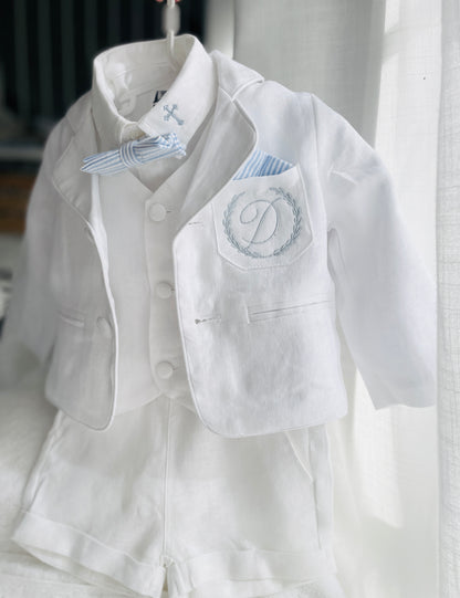 Boys White linen Baptism blazer jacket with optional embroidery