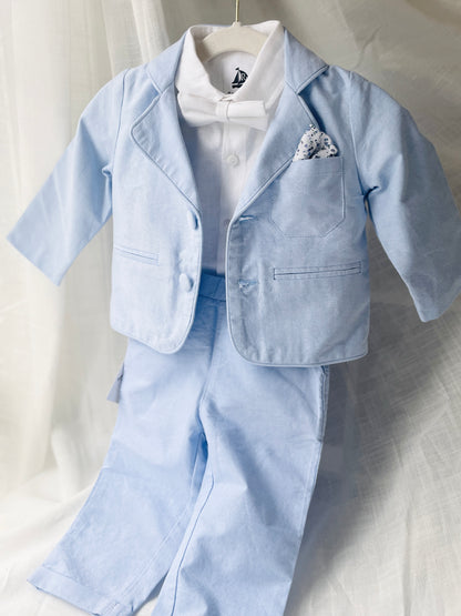 Blue chambray set with blue pants, white linen shirt, white, blue or beige suspenders and blue bow tie