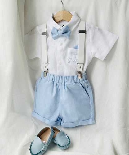 Boys pale blue shorts with linen shirt, blue suspenders and bow tie outfit plus optional extras