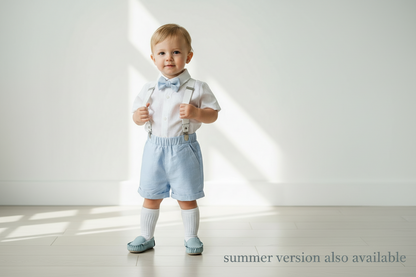 Boys pale blue shorts with linen shirt, blue suspenders and bow tie outfit plus optional extras