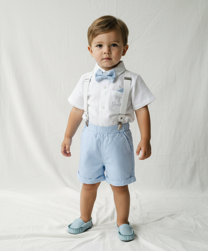 Boys pale blue shorts with linen shirt, blue suspenders and bow tie outfit plus optional extras