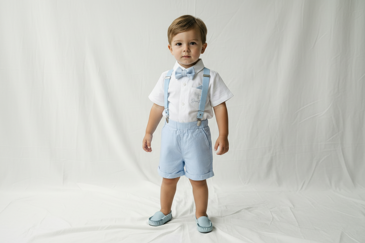Boys pale blue shorts with linen shirt, blue suspenders and bow tie outfit plus optional extras