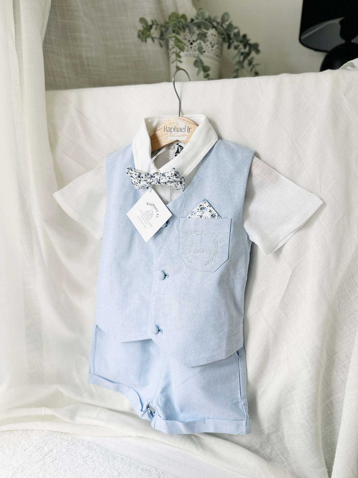 Boys pale blue and white Baptism outfit with blue vest, white linen suspender pants and shirt