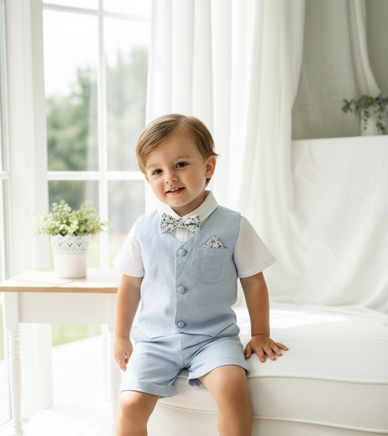 Boys pale blue and white Baptism outfit with blue vest, white linen suspender pants and shirt