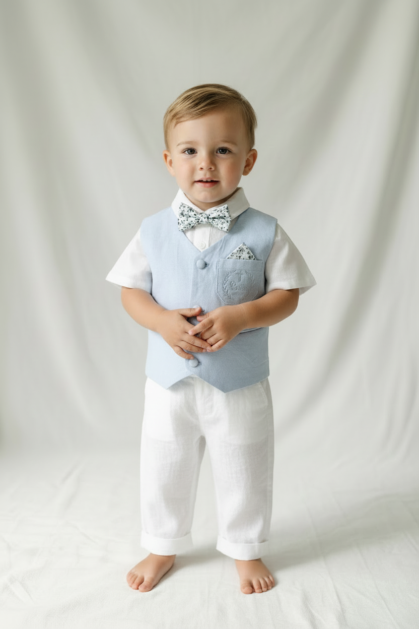 Boys pale blue and white Baptism outfit with blue vest, white linen suspender pants and shirt