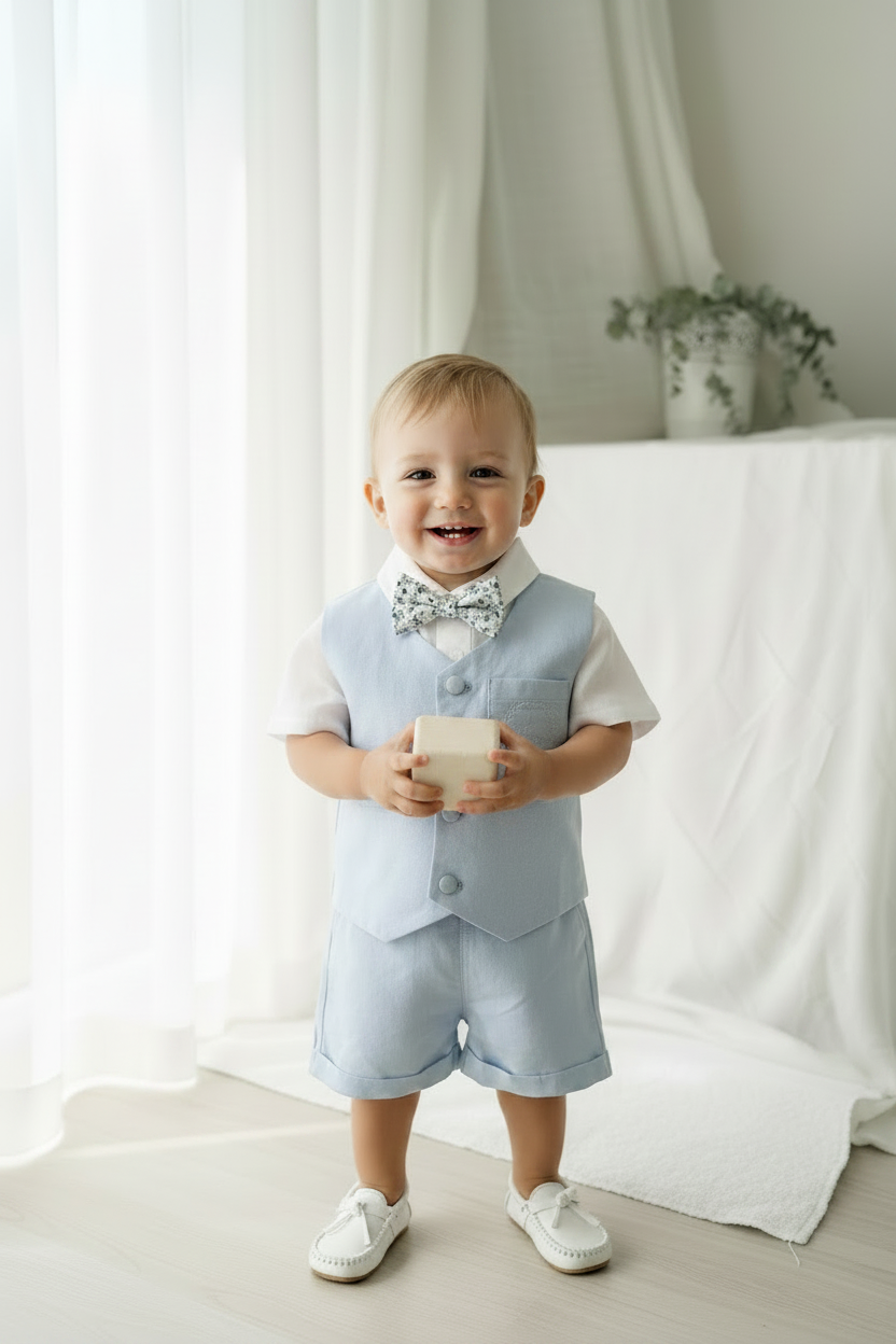 Pale blue summer vest set with blue vest, suspender shorts white shirt and bowtie
