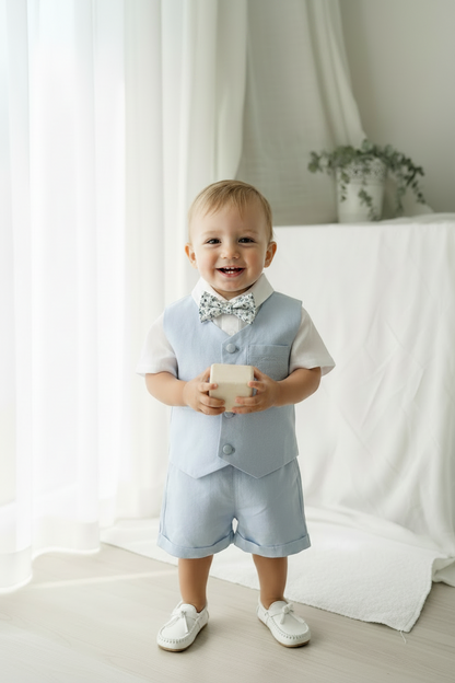 Pale blue summer vest set with blue vest, suspender shorts white shirt and bowtie