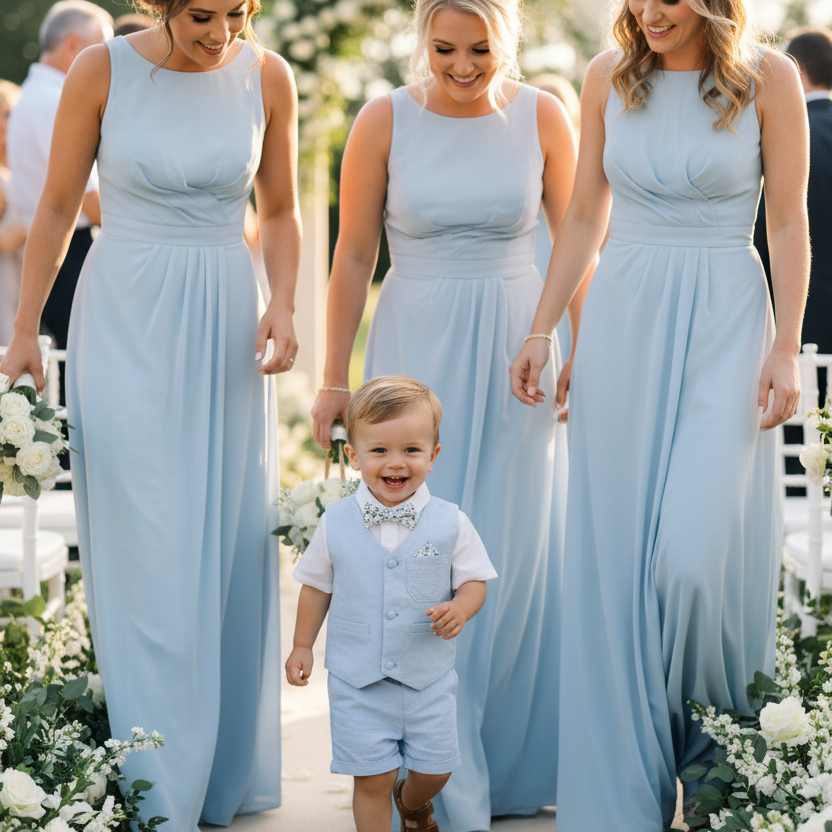 Pale blue summer vest set with blue vest, suspender shorts white shirt and bowtie