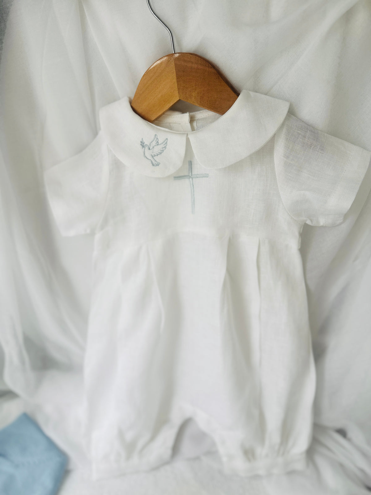 Linen Baptism 3/4 length jumpsuit romper with optional pale blue cardigan