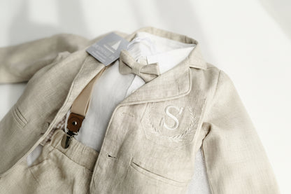 Beige Linen full length suit with pants, shirt, jacket and accessories