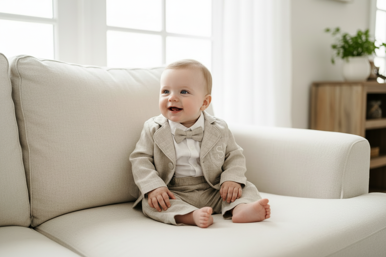 Beige Linen full length suit with pants, shirt, jacket and accessories
