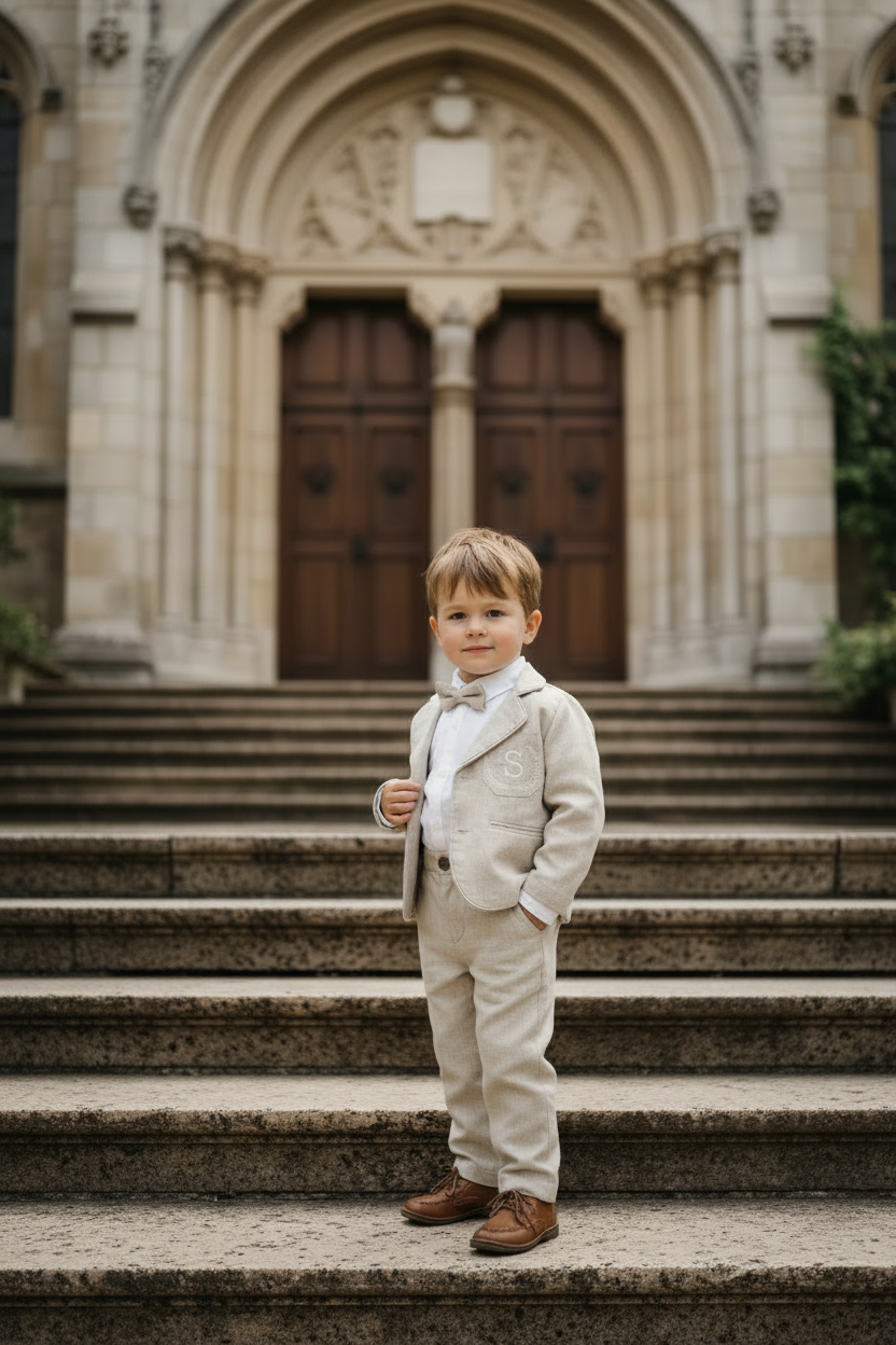 Beige Linen full length suit with pants, shirt, jacket and accessories