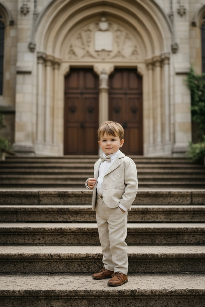 Beige Linen full length suit with pants, shirt, jacket and accessories