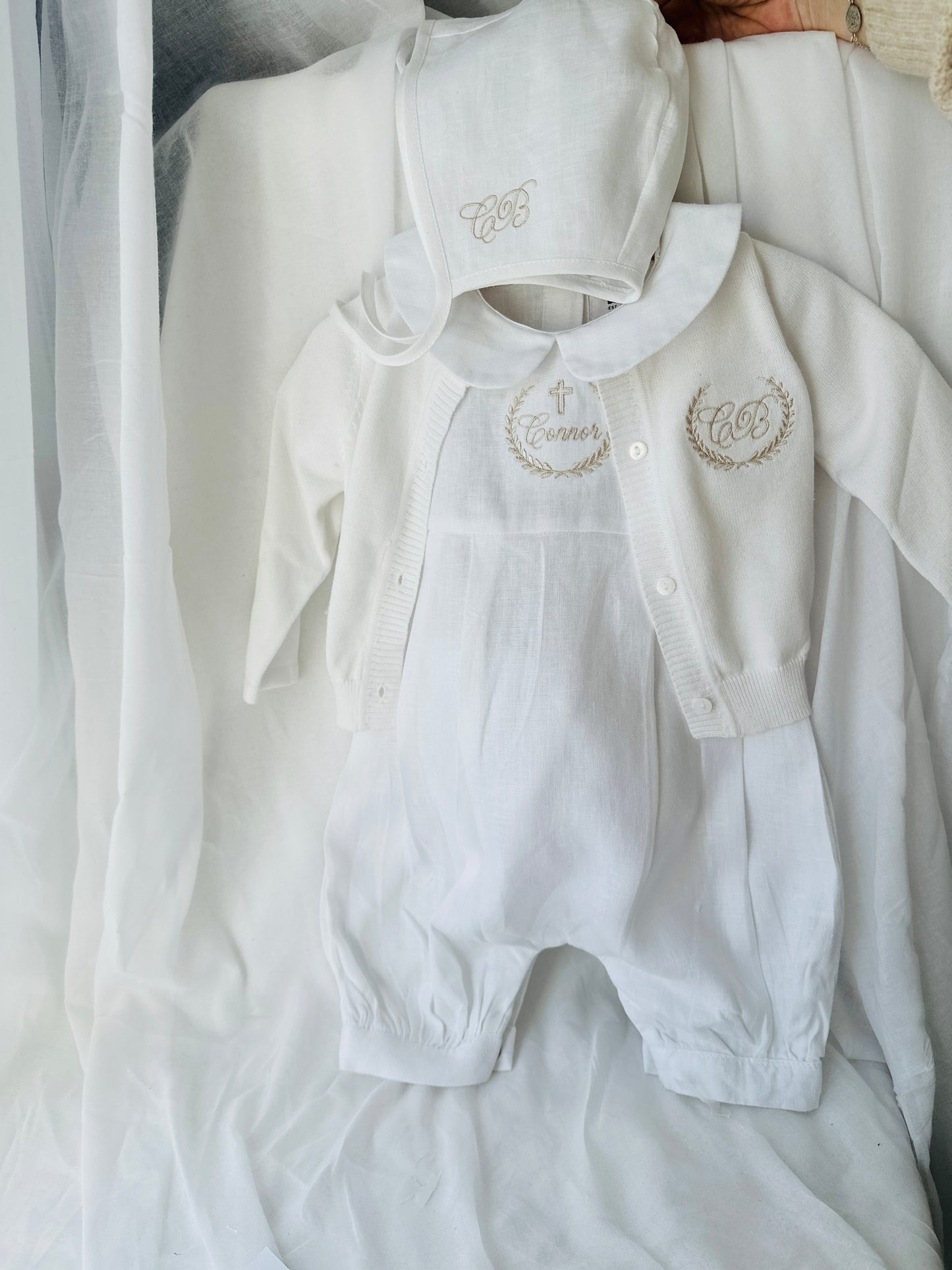 Linen Baptism 3/4 length jumpsuit romper with optional cardigan and embroidery