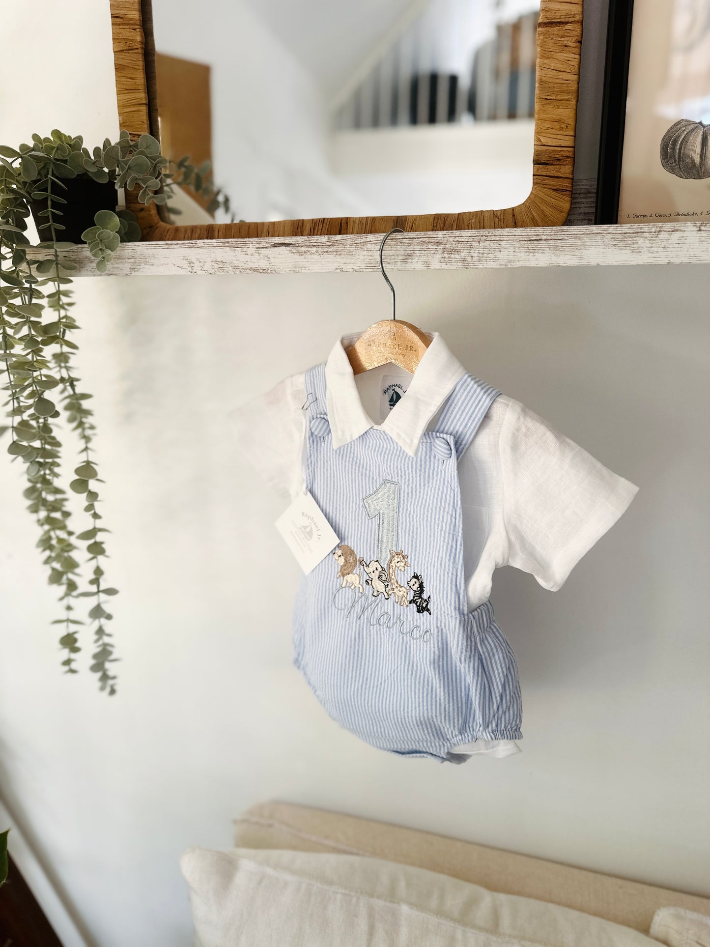 Baby and Toddler boys blue and white linen baptism and birthday romper and shirt set