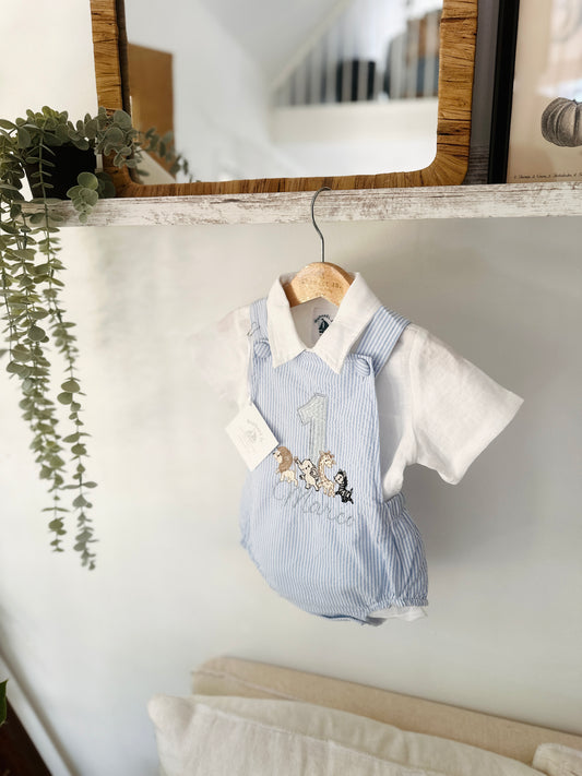 Baby and Toddler boys blue and white linen baptism and birthday romper and shirt set