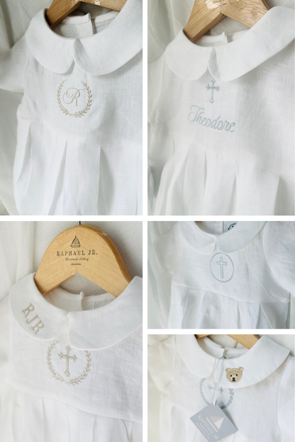 Linen Baptism 3/4 length jumpsuit with optional cardigan and embroidery