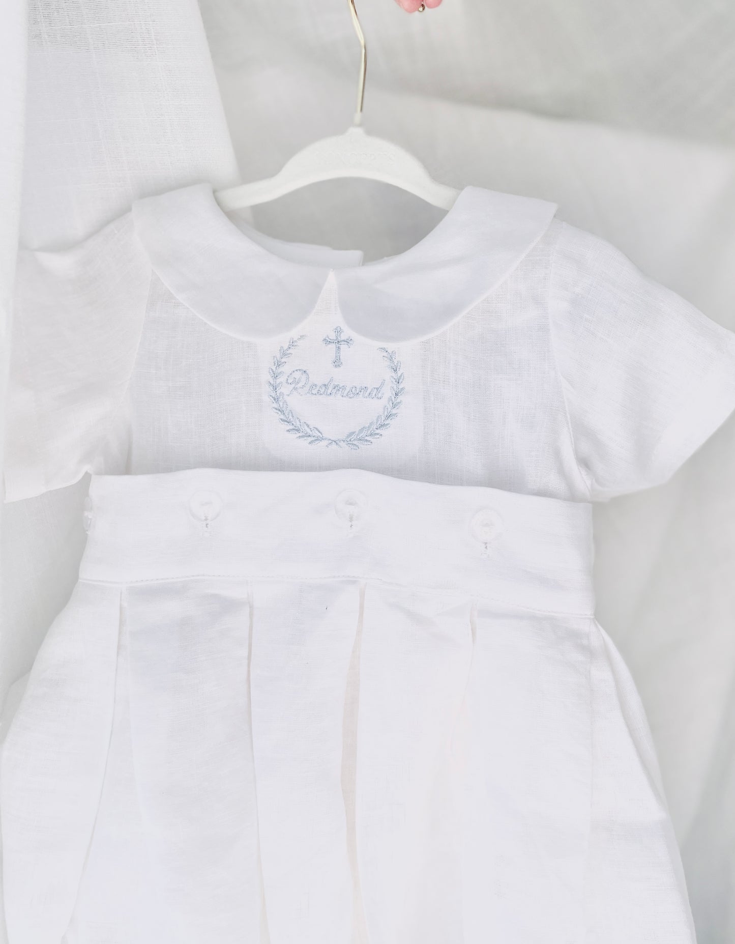 White Linen Baptism Gown romper with detachable skirt dress and optional embroidery