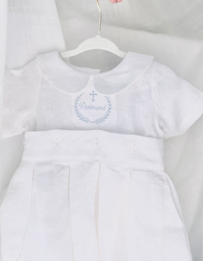 White Linen Unisex Baptism Gown 3/4 length romper with detachable skirt