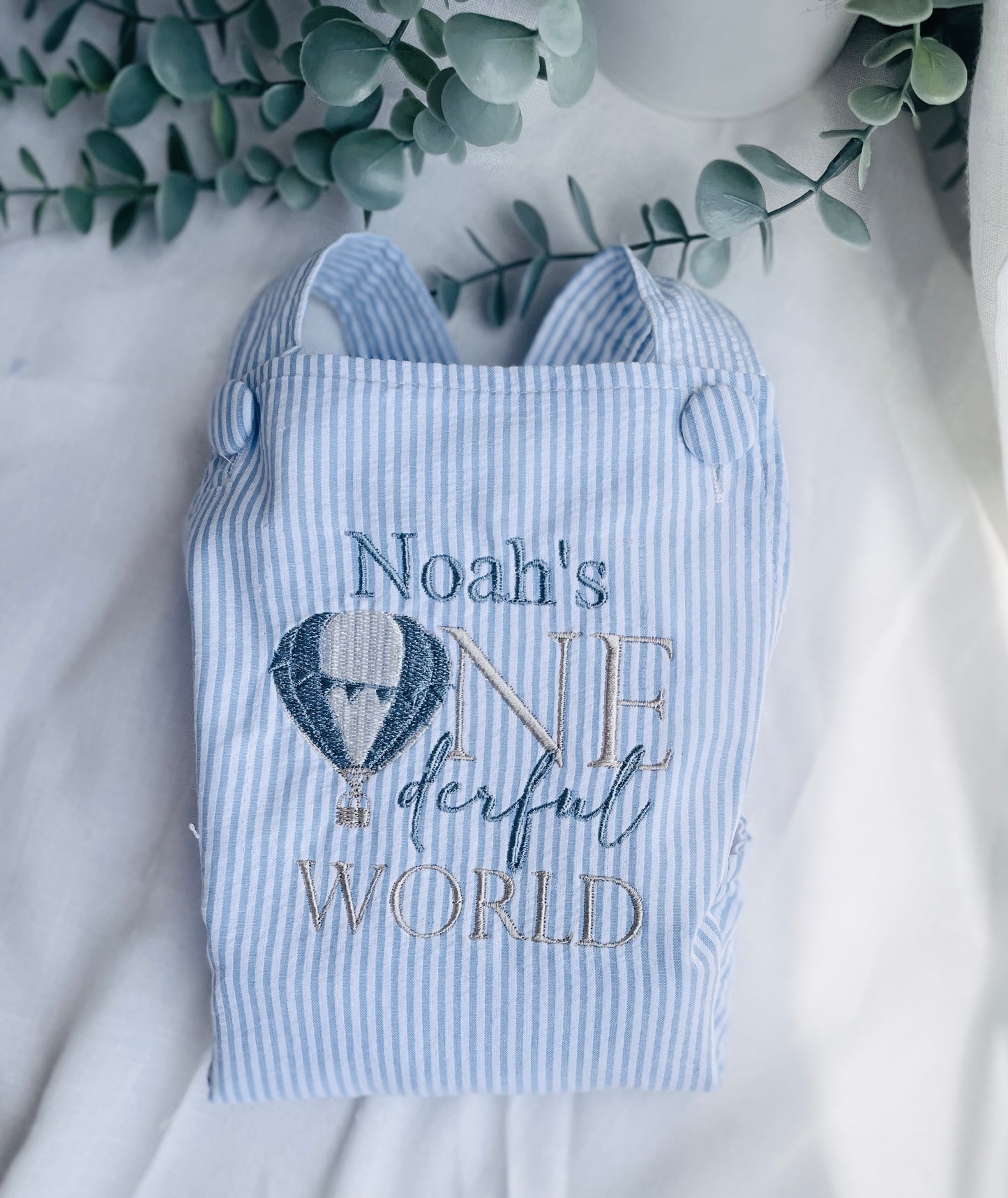 Boys Blue Seersucker Birthday romper overalls Peter Rabbit
