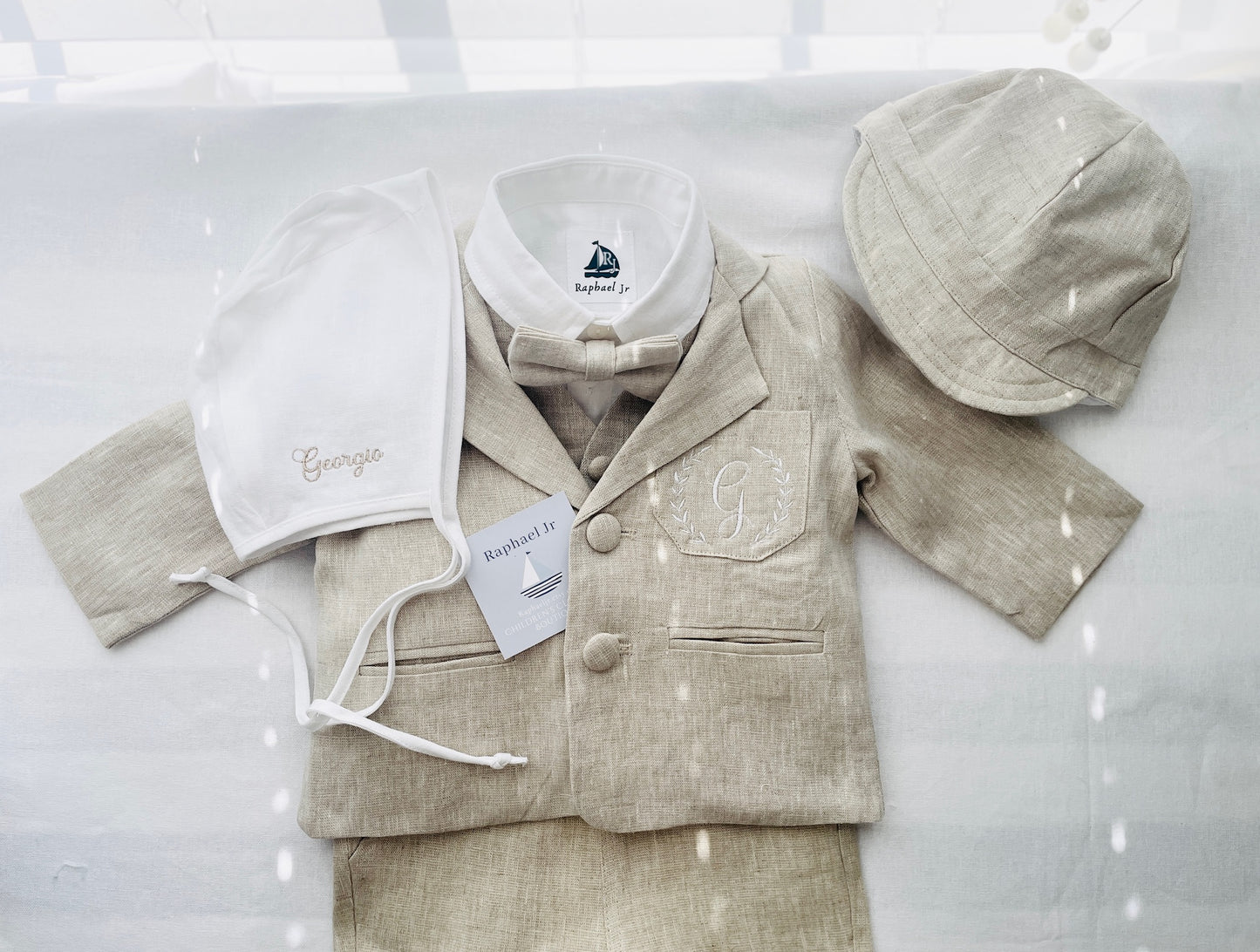 Baby and Toddler Boys white and beige linen summer set with vest, shirt, shorts, suspenders and bowtie