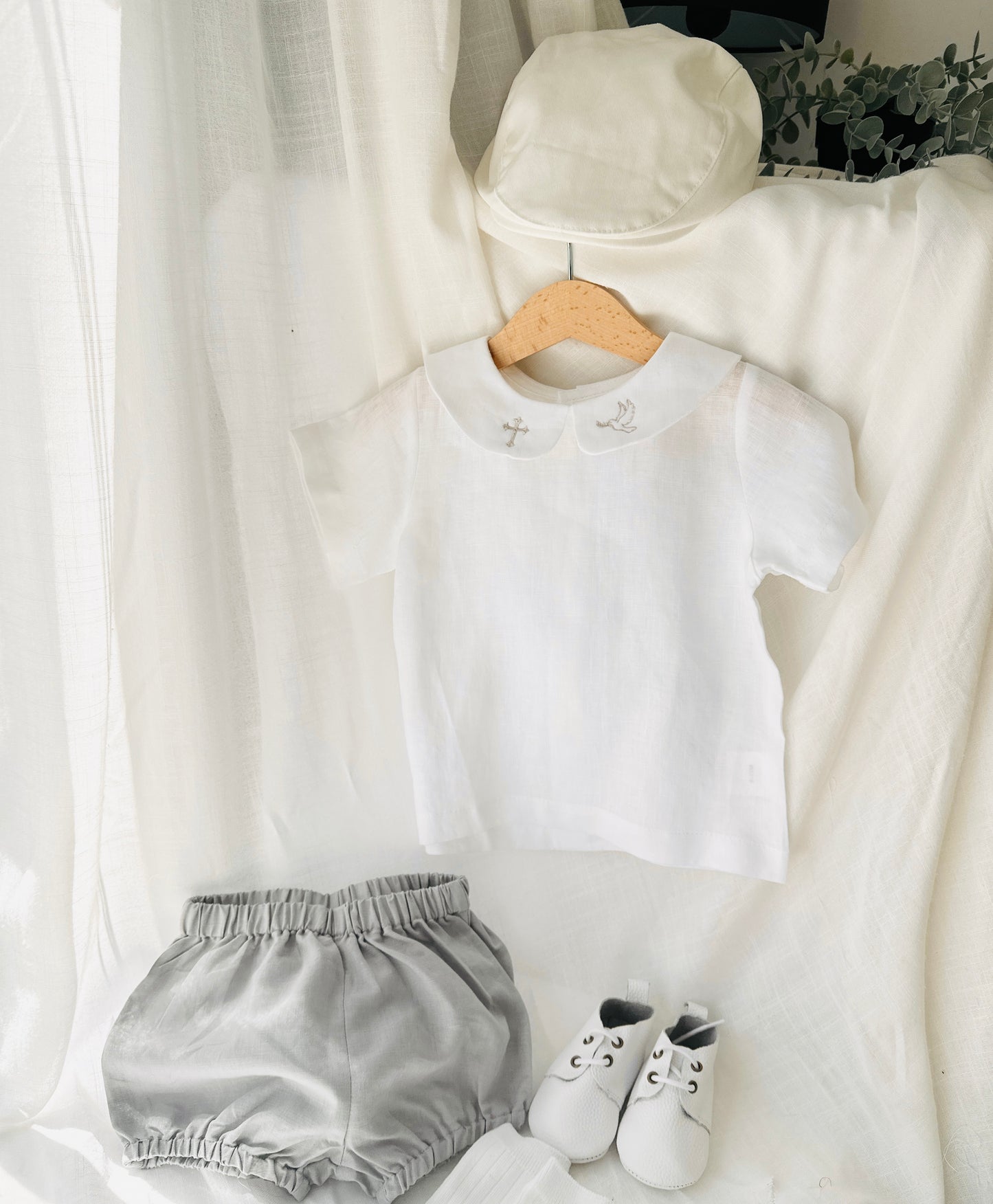 Boys white and grey linen baptism outfit with bloomers and blouse shirt
