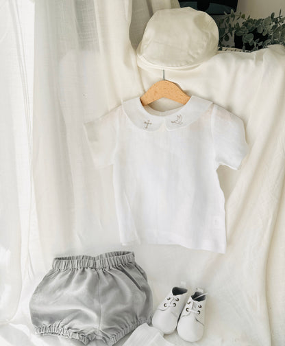 Boys white and grey linen baptism outfit with bloomers and blouse shirt