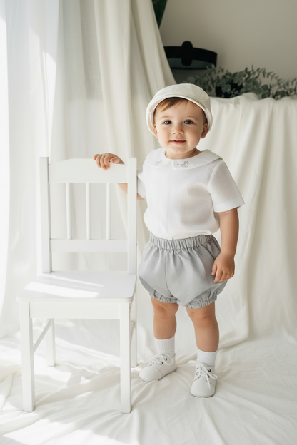 Boys white and grey linen baptism outfit with bloomers and blouse shirt