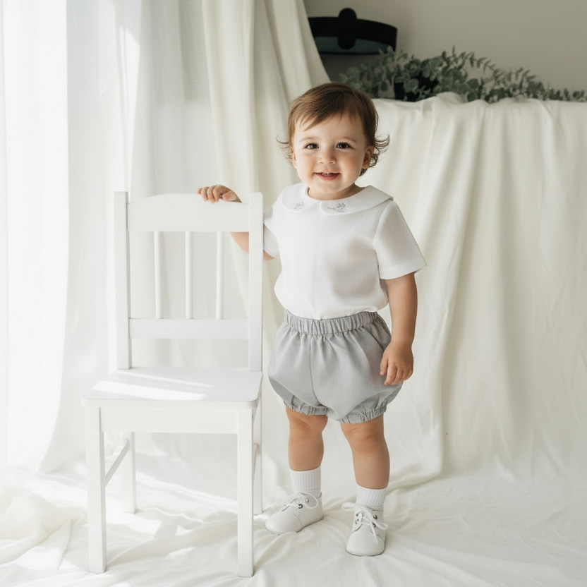 Boys white and grey linen baptism outfit with bloomers and blouse shirt