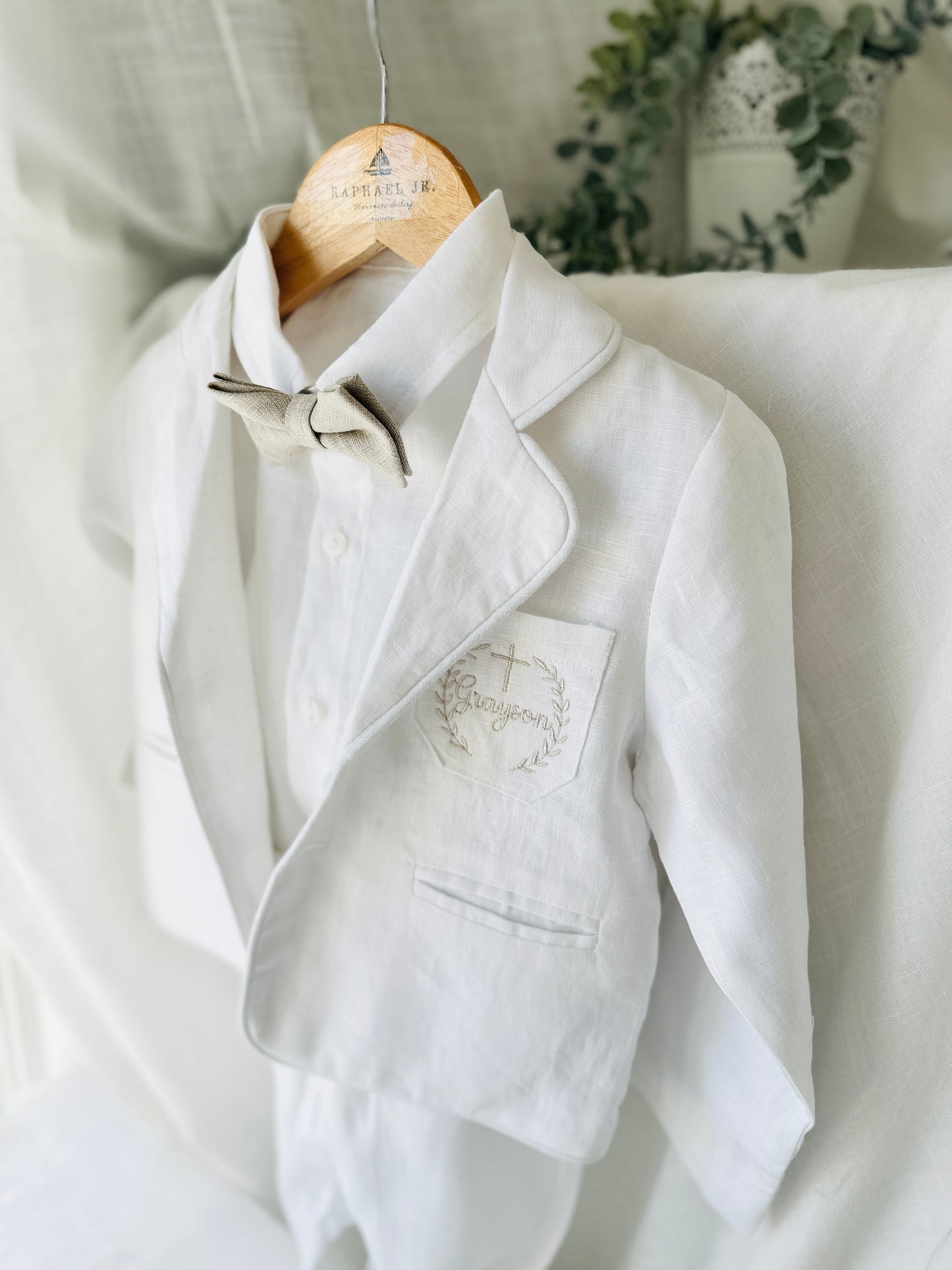 White linen summer Baptism set with shirt shorts suspenders bow tie and optional jacket