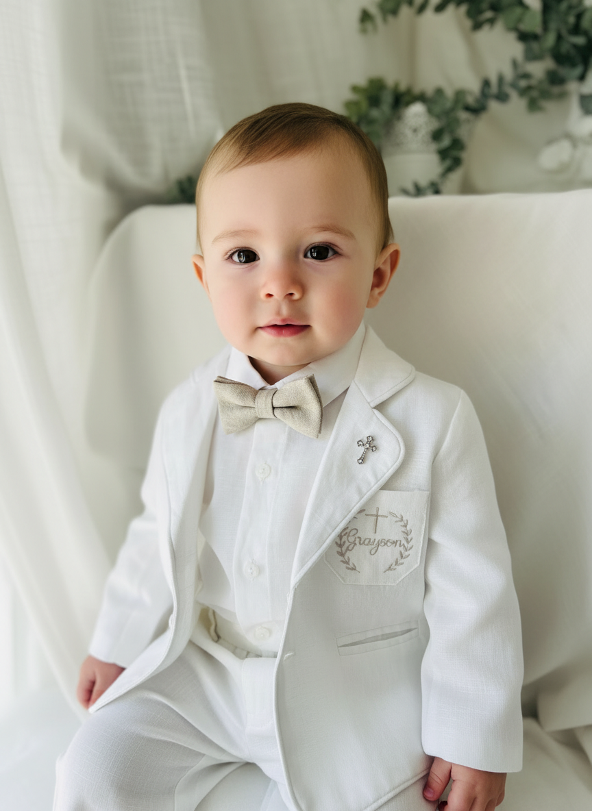 White linen Baptism suit set with pants, shirt, suspenders and bowtie plus optional jacket and extras