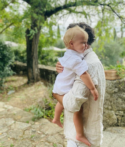 white linen romper shirt in size 0 toddler boy by Raphael Jr 