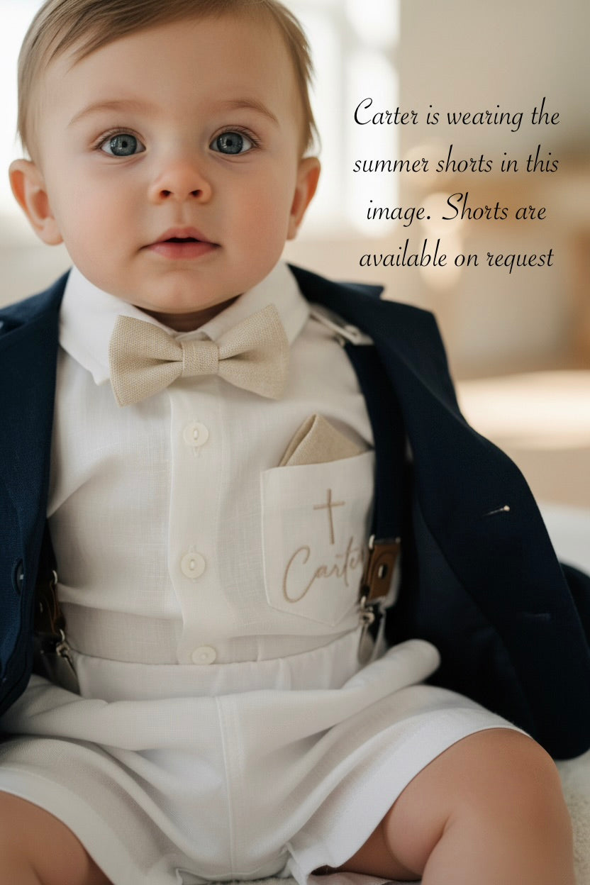 Boys white vest with white linen suit and navy jacket set