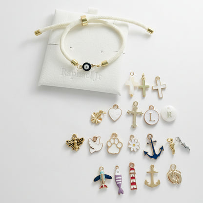 Evil eye bracelet white rope with gold clasps and optional charm