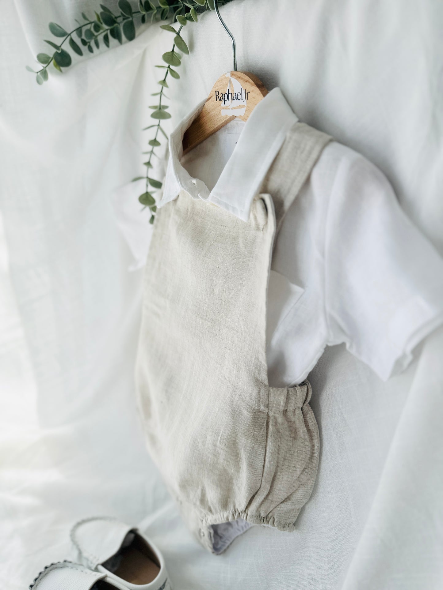 Baby and Toddler boys beige and white linen baptism romper and shirt set